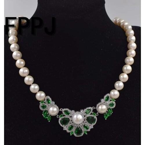 Freshwater pearl white near round 9-10mm and green flower prndant necklace 19inch fashion