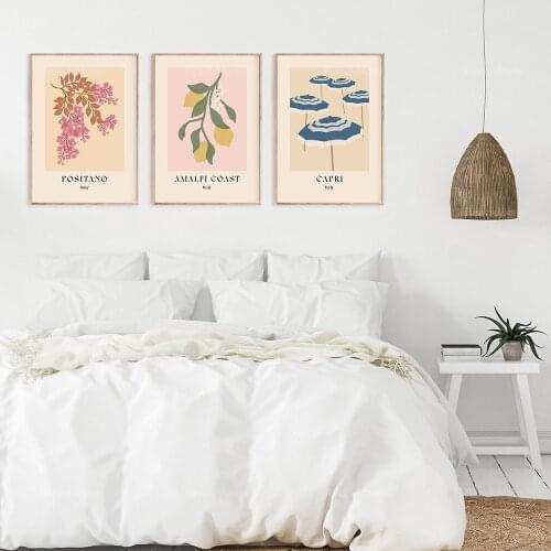 Amalfi Coast Travel Prints | 3 Piece Set of Italian Prints | Flowers, Umbrella Fruits Italian Wall Art | Amalfi Coast Travel Pos