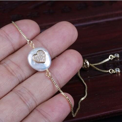 Simple white cz crystal tiny heart love charm freshwater pearl bead charms dainty gold link bracelets for women jewelry gift