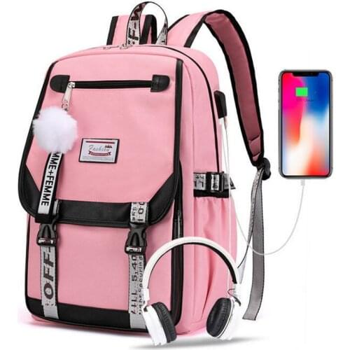 Pink Backpacks Women School Bags for Girls Teenage Large Capacity Sweet Cute Hairball Back Pack Patchwork Nylon Bagpack USB Big