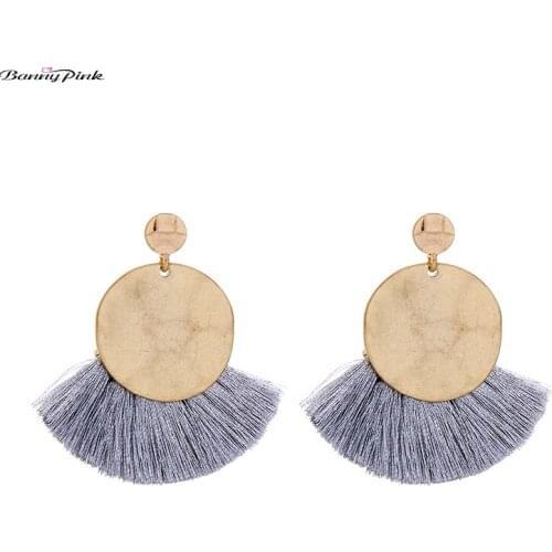 Banny Pink Bohemia Gray Cotton Tassel Fringe Earring For Women Retro Round Disc Statement Earrings Pendant Post Earrings Brincos