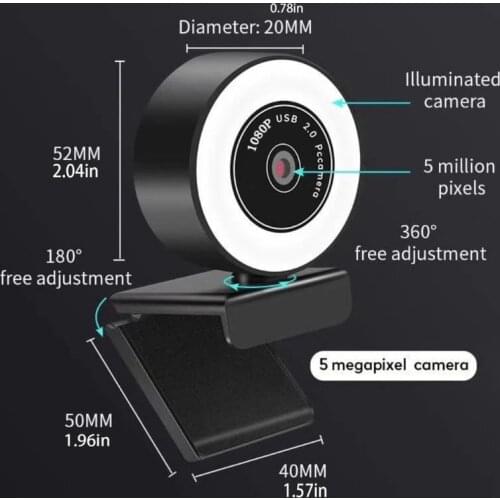 F19E Streaming Webcam1080P USB Web Camera Wide Angle Webcam Ring Light Microphone for Gaming Conferencing Video Chatting