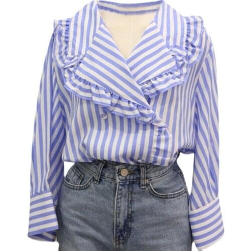 Sweet Fungus Edge Spliced Striped Blouses Woman Shirts Korean Fashion New Womens Long Sleeve Tops 2021 Spring Camisas Mujer