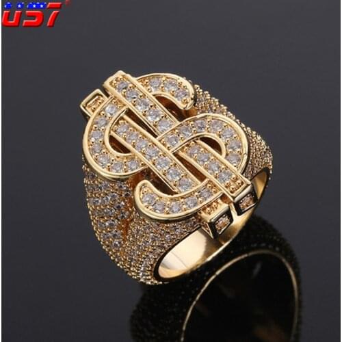 US7 Classic US Dollar Sign Ring Iced Out CZ Stones Hip Hop Ring For DJ Rappers Men Personality US Dollar Signets Rings Jewelry