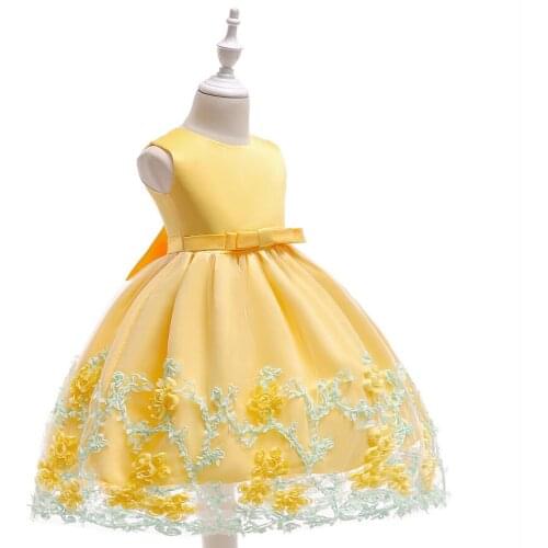 Yellow Pink Blue Purple Dress for Baby Girl Kids Flowers Hem Party Princess Dress High Waist Bow Birthday Wedding Dress 9M-8T