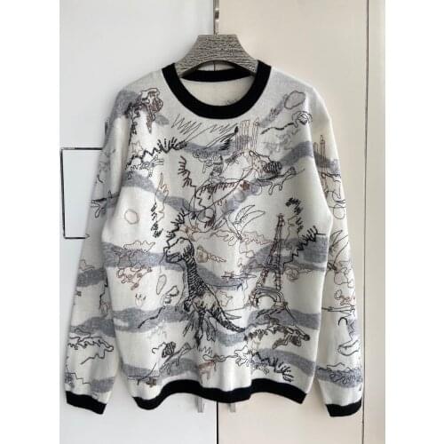 New Ladies Fashion 2021 Long Sleeve Sexy Embroidered Contrast Sequined Cashmere Sweater 1211