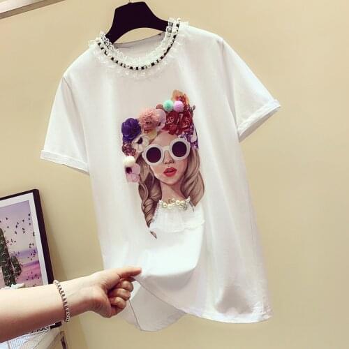 2020 Spring Summer White Tshirt New Korean Loose Fashion Head Three-dimensional Floral Lace Round Collar T-shirt Student Tops