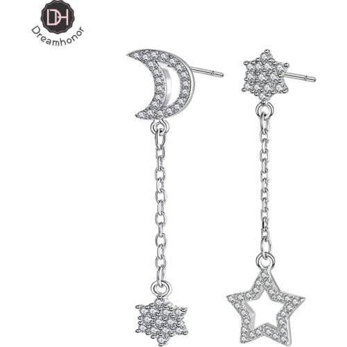 Dreamhonor 2021 Trend Fashion Asymmetry Moon Star Earrings for Women 925 Sterling Silver Long Drop Earring Jewelry
