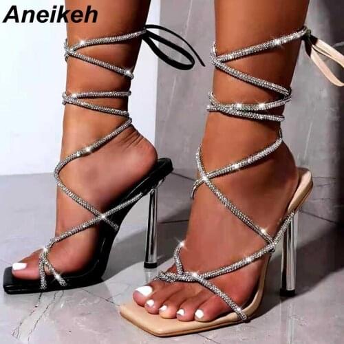 Aneikeh 2021 Summer PU Womens Shoes Fashion Ankle Strap Thin Heels Cross-tied Party Camouflage Rome Lace-Up Black Size 35-42