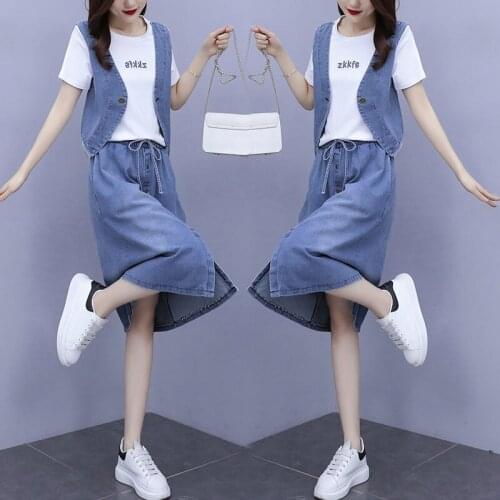 Casual Denim Vest Suits Women 2021 Summer New Korean Fashion Big Size 5XL Loose Denim Waistcoat Two Piece Skirts Trend aq582