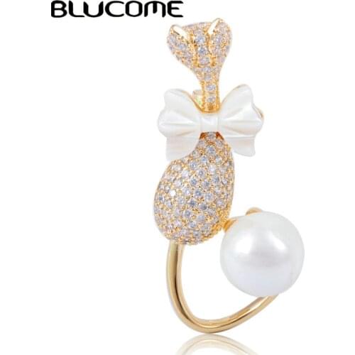 Blucome Cute Animal Cat Shape Brooch Gold Color Bow Pin Badge Copper Jewelry Women Girl Shawl Clip Clothing Hat Accessories Gift