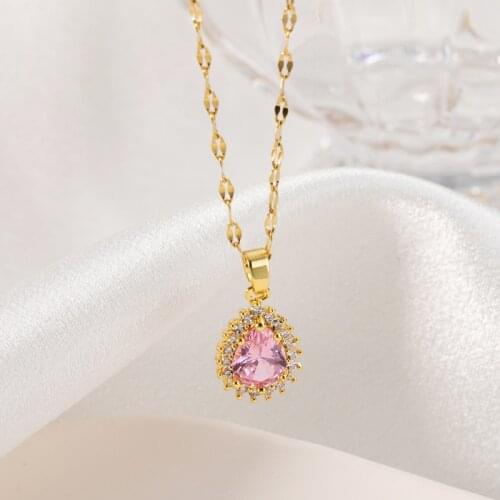 Sweet Light Luxury Pink Water Drop Crystal Pendant Women Chokers Necklaces Female Elegant No Fade Stainless Steel Neck Jewelry