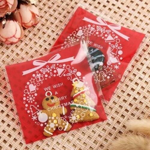 100Pcs /Pack 10*10cm Christmas Santa Plastic Gift Bags Christmas Cookies /Candy Packaging New Year Decoration Xmas Gift Bag