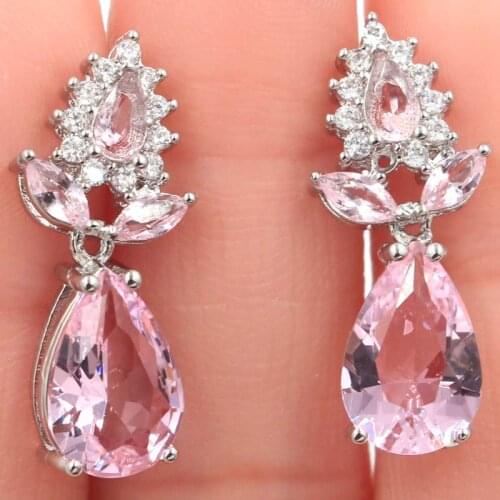 18x8mm Pretty Created Pink Kunzite White CZ Gift For Girls Silver Earrings