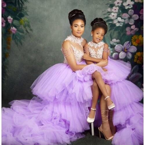 Mother Daugher Purple Lace Tulle Long Train Birthday Party Dresses Mom and Girls Photography Props Dresses Custom