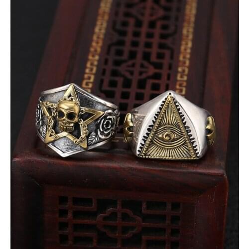 925 silver rings for men personality exaggeration skull punk style ring retro Thai silver opening ring tide mans rock ring