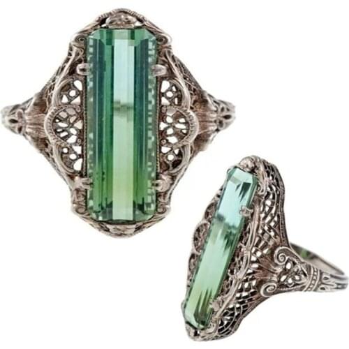 Retro Ethnic Hollow Ring With Large Green Zircon Stone Vintage Luxury Jewelry Knuckle Engagement Rings For Women WholesaleL4J395