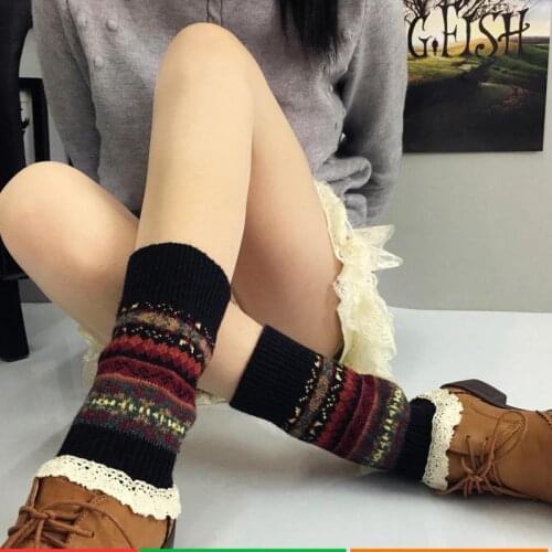 Autumn And Winter Fluorescent Camouflage College Style Wool Knitted Short Lace Womens Boots Warm Socks Leg Cover Wool Pile Up