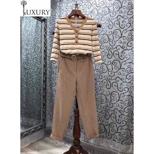 Autumn Winter Fashion 2020 Clothing Women V-Neck Striped Patterns Sweaters+Calf Length Pants & Capris Sets Casual Work Suit