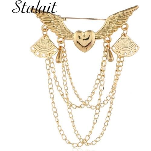 Punk Heart Wings Fashion Pendant Brooch Pin For Man Gold Silver Color Metal Chain Brooches Suit Clothes Jewelry