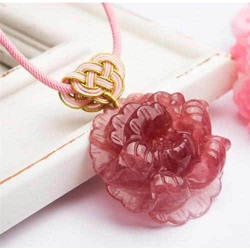 Genuine Natural Red Strawberry Quartz Sculpture Flower Shape Women Charm Necklace Pendant 45mm