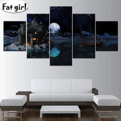 Full Square round 5D DIY embroidery Magic castle and ship Diamond Painting Moon reflection Cross Stitch Rhinestone Mosaic decor