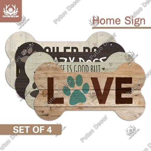Putuo Decor 4PCS Dog Signs Bone Shaped Wooden Plaque Hanging Signs Wood Plate for Dog House Home Decor Wall Decoration Gifts