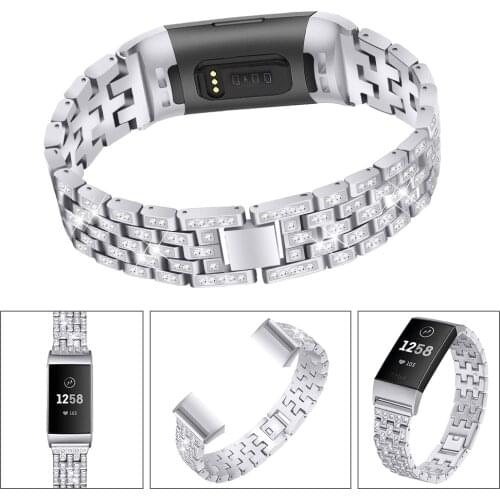 For Fitbit Charge 3 Rhinestone Strap Fashion Bling Stainless Steel Watchbands Exquisite Lady Watch Wrist Strap Accessories