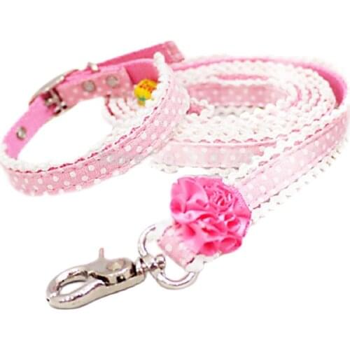 Pink Camellia Lace Princess Style Dog Collar Pet Leash Chain Chihuahua Collier Poodle Yorkie Maltese