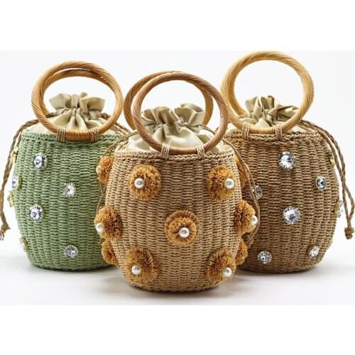 2021 New Hand-crafted Crystal Sprained Straw Rattan Rhinestone Small Straw Emmer Basket Bags Lady Travel Wallets Handbags