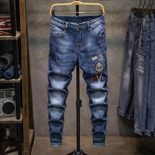 Embroidery stitchwork Boutique European Men Brand Slim Jeans Denim Trousers Stretch Blue Patchwork Hole Pants For Men Ripped