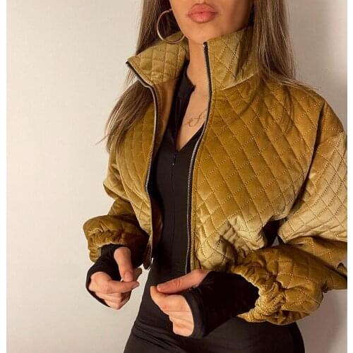 Velvet short autumn winter jacket Women stand collar casaul streetwear black quilted coats Female wram bomber padded jacket 2021