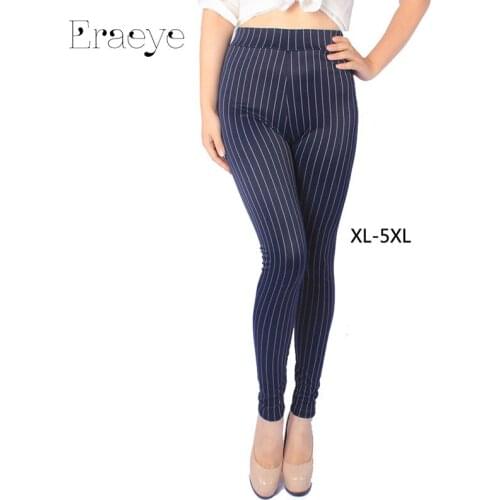 ERAEYE Women high elastic large size XL- 5XL stripe leggings mid waist slim skinny casual capris ankle length trousers cut pants