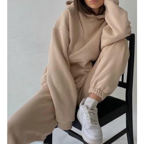 2021 Solid Color Two Pieces Set Hoodie Sweatshirts Fashion Oversized Hooded Long Sleeve Casual Sweatshirt Sport Pants Lady Suit