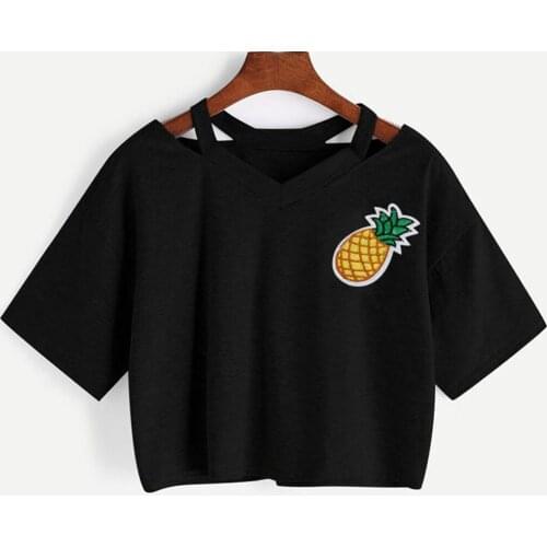 Summer Women Casual Pineapple Printed Tank Short Sleeve Crop Tops Cross sling Backless Mid-length pullover street Ladies