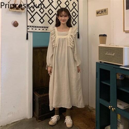 Women New Summer Retro Fashion Maid Dress Sweet Long Lantern Sleeve Midi Loose Dress Square Collar Ruffled Fairy Dress Vestidos