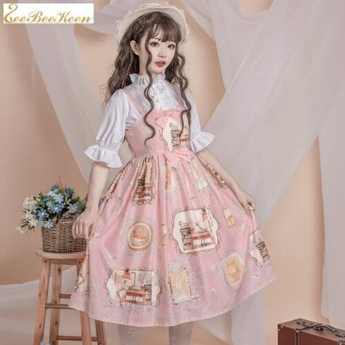 Adult Lolita Pink/blue Printe Jsk Halter Dress Shirt Japanese Sweet Girls Lolita Dress Anime Cosplay Costume For Women