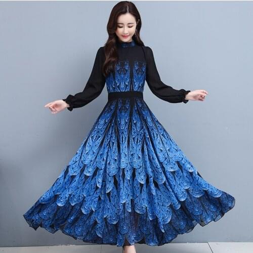 Floral Chiffon Long-Sleeve Dress 2020 Autumn New Womens Long Temperament Printed Zipper Lotus Leaf Collar Dresses Female Q359