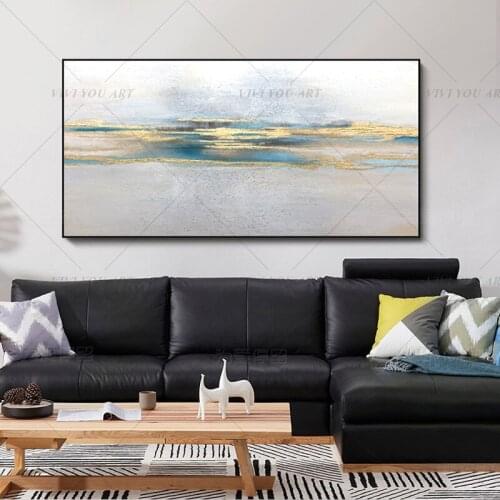 100% Handmade Blue Quiet Sea View Abstract Gold Oil Painting for Living Room Modern Painting wall decor picture art Gift