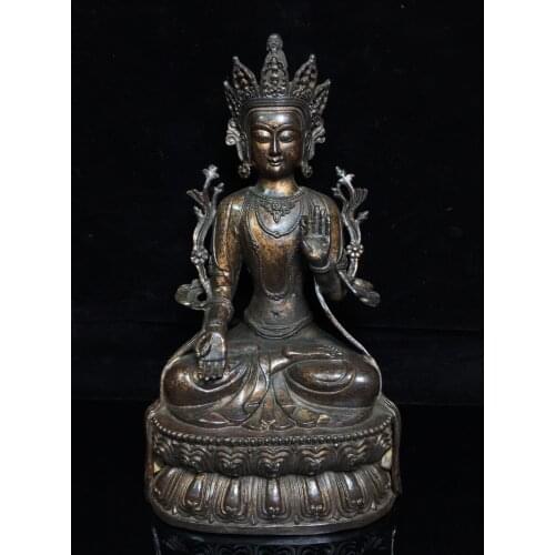 11" Tibet Buddhism Old Bronze Cinnabars Tara Guanyin Bodhisattva Avalokitesvara Amitabha statue Enshrine the Buddha