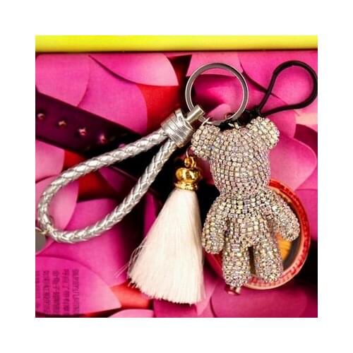 Luxury Bomgom Crystal Popobe Gloomy Bear Strass Keychain Car Key Holder Bag Charm Holder Tassels Leather Strap Key Ring Pendant