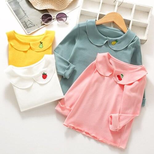 DFXD Girls Long Sleeve T-shirt New 100% Cotton Candy Color O-neck Leisure Kids Tops Peter Pan Collar Embroidery Bottoming Shirt