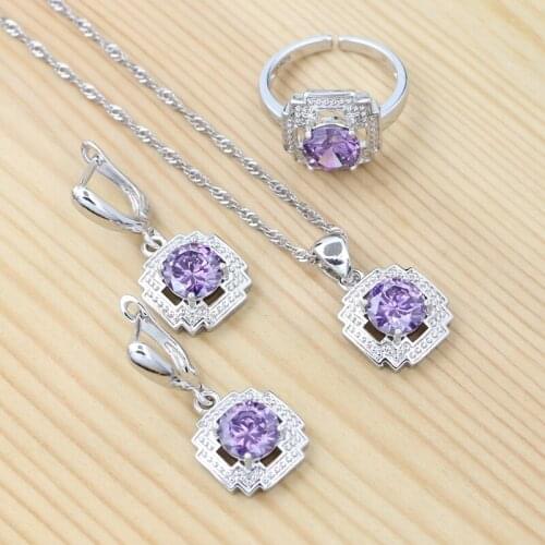 Purple Amethyst 925 Sterling Silver Jewelry Set Retro Earrings Open Ring Hollow Pendant Chain Woman Gift