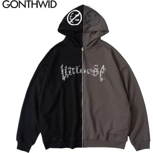 GONTHWID Hoodies Jackets Streetwear Hip Hop Color Block Patchwork Full Zipper Hooded Coats Mens Harajuku Punk Rock Gothic Tops
