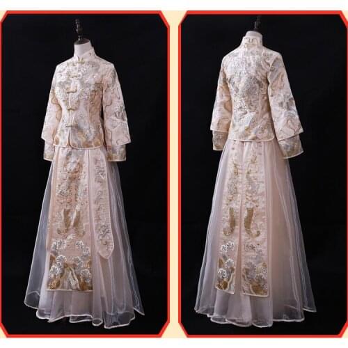 Chinese Wedding dress bride evening dress cheongsam summer Champagne chinese style design show clothes pratensis Qipao Dress