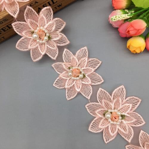 1 yard Pink 7x7cm 3D Pearl Beaded Flower Embroidered Lace Trim Ribbon Fabric Handmade DIY Wedding Dress Sewing Supplies Craft