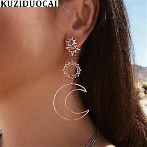 Kuziduocai New Fashion Jewelry Punk Bohe Meta Dangle Star Sun Moon Statement Drop Earrings For Women Pendientes Brincos E-1569