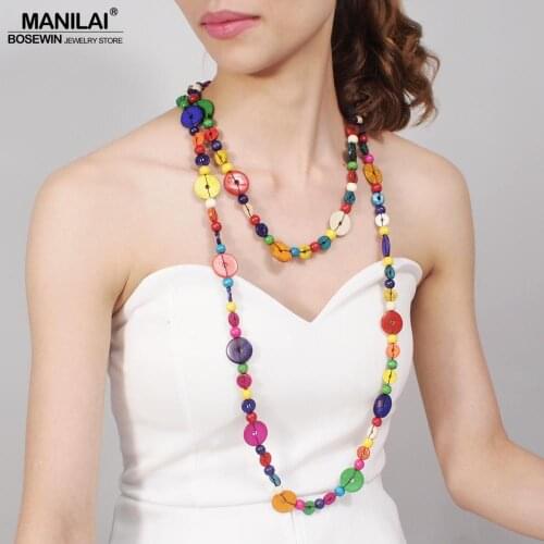 MANILAI Bohemia Handmade Long Necklace Women Wood Statement Necklace Pendant Necklace Party Jewelry Accessories