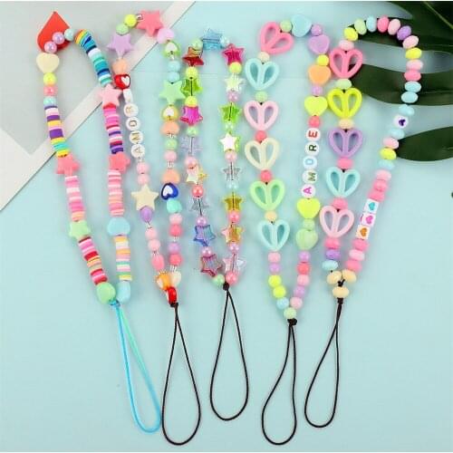 Cute Heart Phone Chain Resin Mobile Phone Strap Lanyard Letter String Wristband Kpop Jewelry Beaded Cell Phone Charm Women BFF