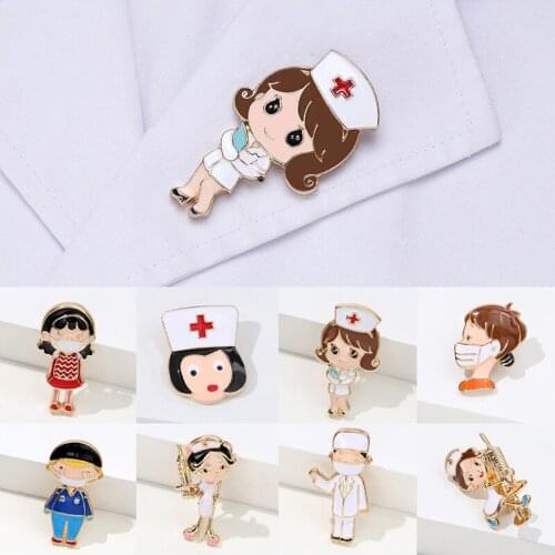 Cute Enamel Cartoon Brooch Lovely Nurse Doctor Hospital Medical Stethoscope Badge Lapel Pins Jewelry Accessory Graduation Gift